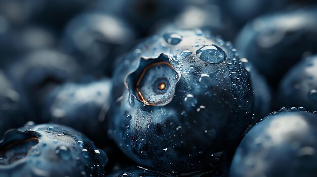 Close-up di un singolo mirtillo con gocce d'acqua sulla sua superficie Il mirtillo è blu scuro e grasso con una leggera fioritura bianca sulla sua superficie