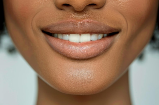 Close-up di un sorriso femminile che mostra denti ideali per l'igiene dentale e la promozione dell'odontoiatria estetica