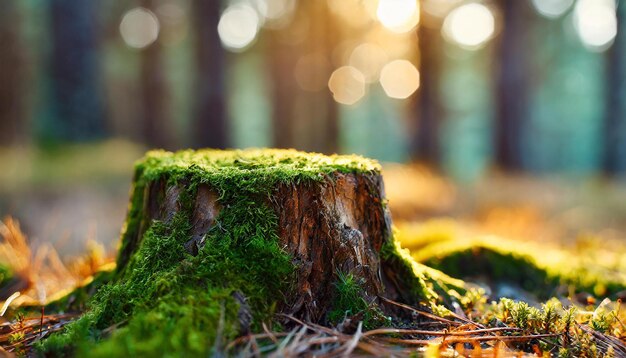 Close-up di un tronco d'albero con muschio verde nel bosco Bella foresta