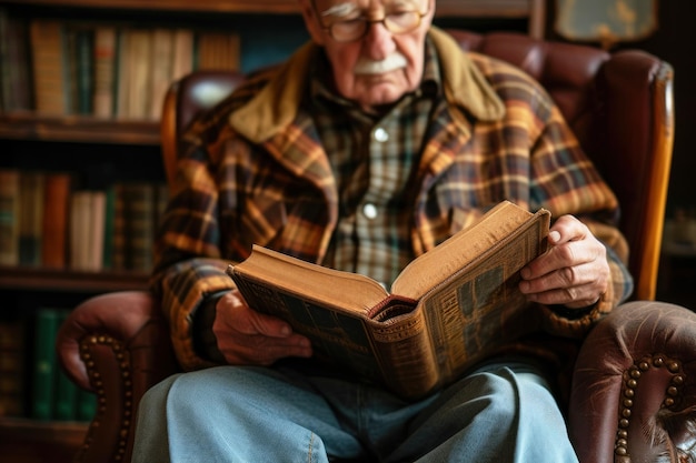 Close-up di un uomo anziano che legge un libro mentre è seduto in una sedia d'epoca a casa