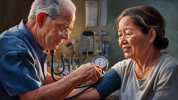 Close-up di un uomo anziano di 70 o 75 anni che misura la pressione dell'uomo per misurare la sua pressione sanguigna