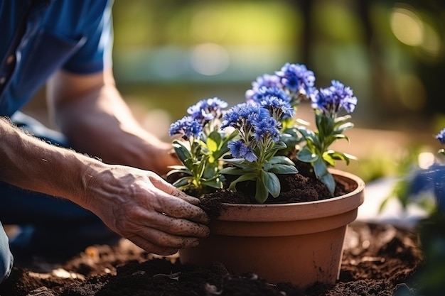 Close up di un uomo caucasico barbuto maturo in maglietta blu che pianta fiori in vaso con giardino