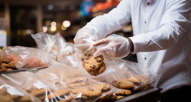 Close-up di un uomo che mette attentamente i biscotti in un sacchetto di plastica