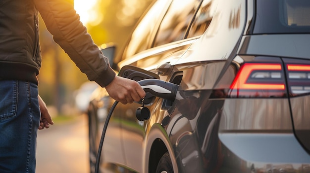 Close-up di un uomo che ricarica una batteria di un'auto elettrica