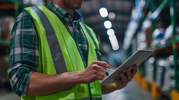 Close-up di un uomo con il giubbotto di sicurezza in mano che utilizza un tablet per controllare le informazioni o l'inventario mentre si trova nel magazzino