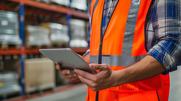 Close-up di un uomo con il giubbotto di sicurezza in mano che utilizza un tablet per controllare le informazioni o l'inventario mentre si trova nel magazzino
