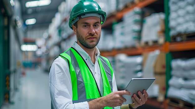 Close-up di un uomo con il giubbotto di sicurezza in mano che utilizza un tablet per controllare le informazioni o l'inventario mentre si trova nel magazzino