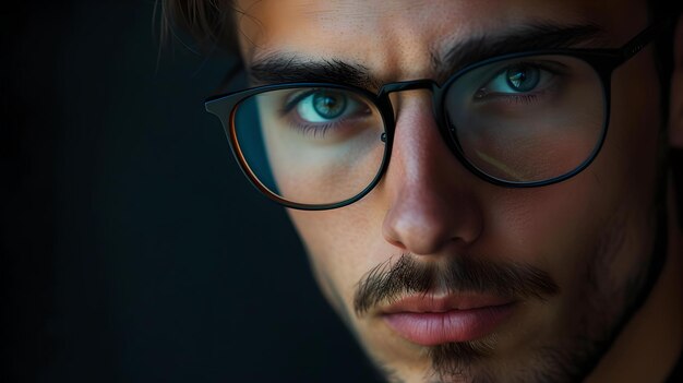 Close-up di un uomo con occhiali sguardo intenso sfondo scuro perfetto per i profili aziendali AI
