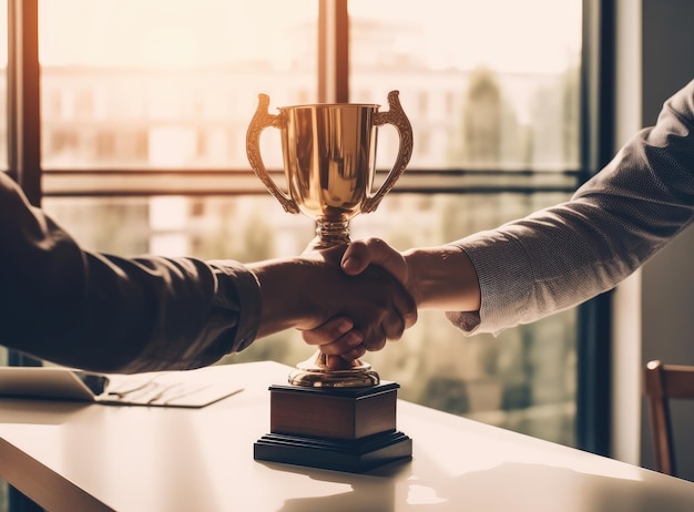 Close-up di un uomo d'affari che dà un trofeo al vincitore per il successo negli affari