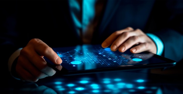 Close-up di un uomo d'affari che tiene in mano un tablet, grafici di crescita, economia dello sviluppo, immagine generata dall'AI