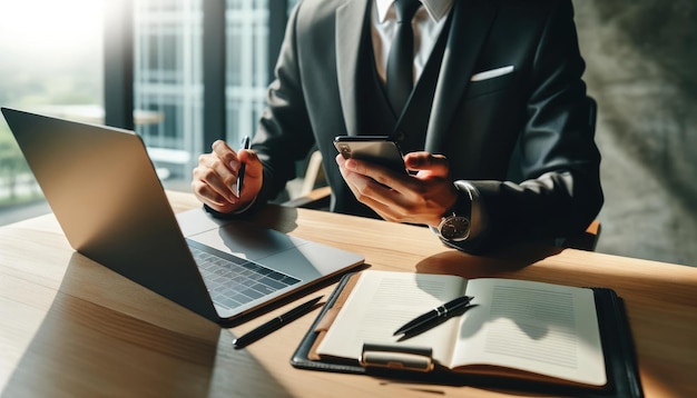 Close-up di un uomo d'affari che utilizza contemporaneamente uno smartphone e un portatile in uno spazio di lavoro moderno che evidenzia il multitasking e la connettività