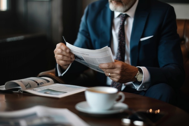 Close up di un uomo d'affari con una tazza di caffè e leggere il giornale sulla scrivania