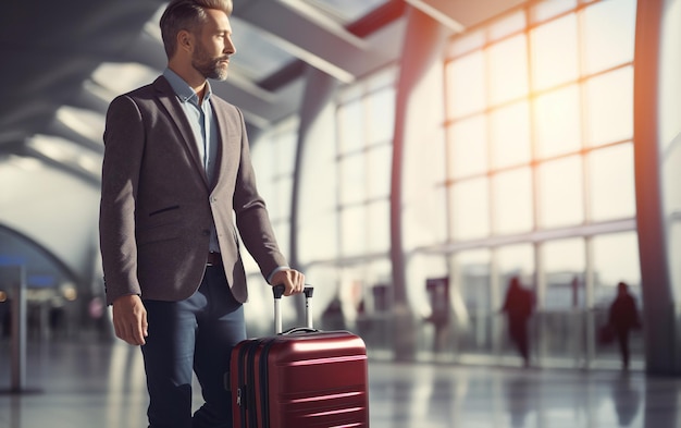 Close-up di un uomo d'affari con una valigia nell'aeroporto futuristico moderno