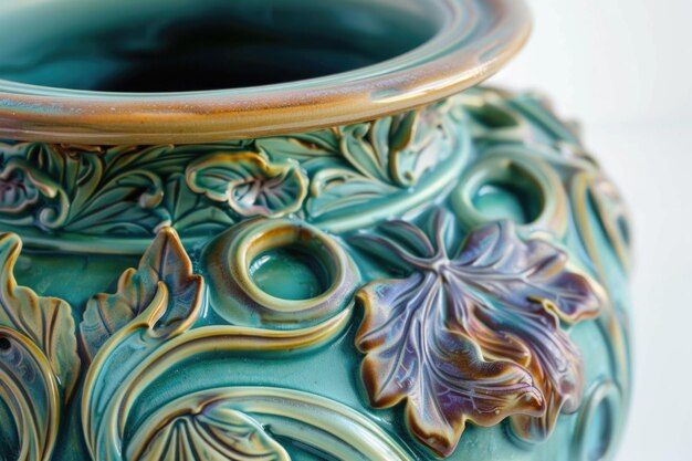 Close-up di un vaso decorativo in stile Art Nouveau con motivi intricati sulla sua superficie sullo sfondo bianco