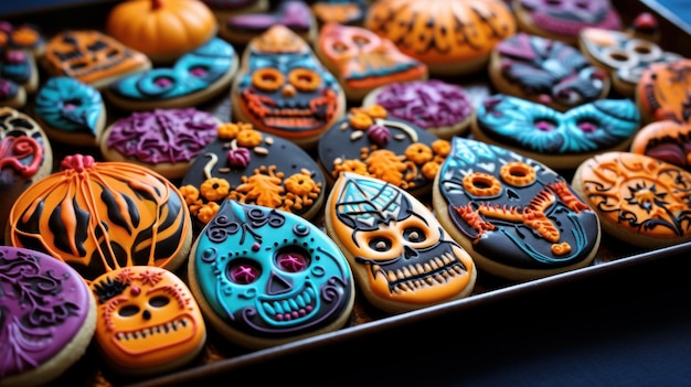 Close-up di un vassoio di biscotti di zucchero a tema Halloween