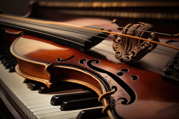 Close up di un violino in appoggio su una tastiera di pianoforte