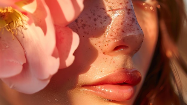 Close-up di un viso di donna con freccole e un fiore rosa La donna sta guardando la telecamera con gli occhi chiusi