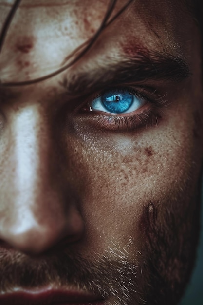 Close-up di un viso maschile serio macchiato con gli occhi blu su uno sfondo scuro
