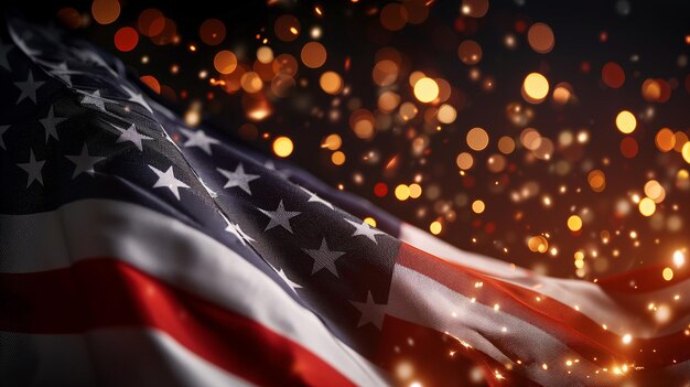 Close-up di una bandiera americana su uno sfondo nero con scintille