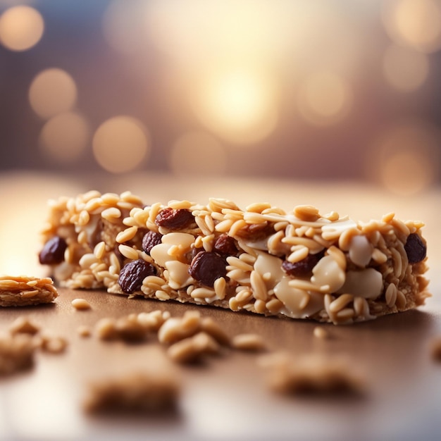 Close up di una barretta di granola in primo piano con sfondo bokeh generativo