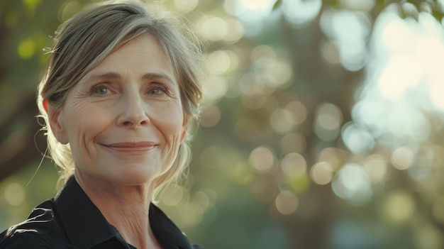 Close-up di una bella donna caucasica di mezza età in camicia nera con un sorriso sul viso