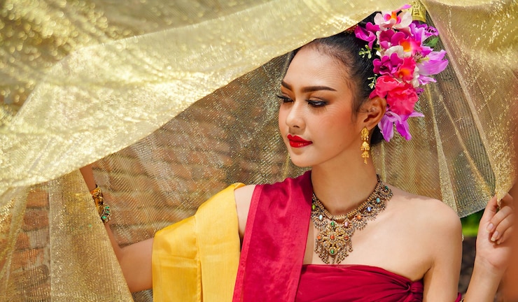 Foto close-up di una bella donna che indossa gioielli in mezzo a una tenda d'oro