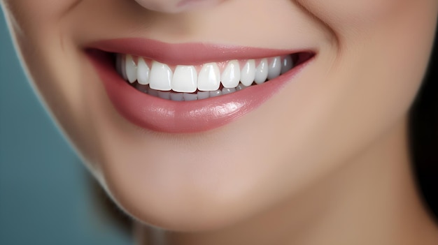 Close up di una bella donna sorridere con denti sani e denti bianchi