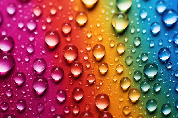 Close up di una bella goccia d'acqua su una superficie color arcobaleno