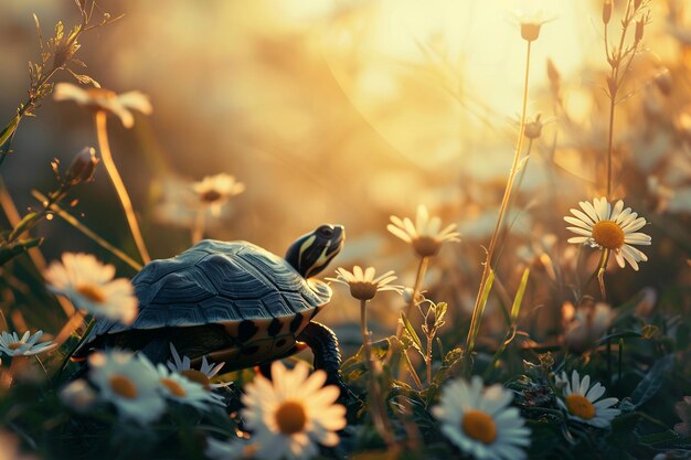 Close-up di una bella natura con fiori e tartarughe