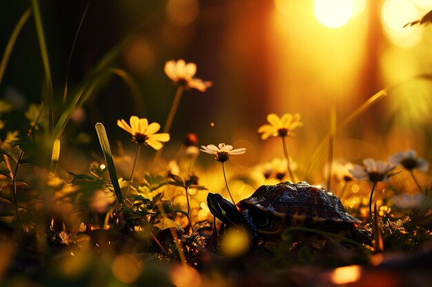 Close-up di una bella natura con fiori e tartarughe