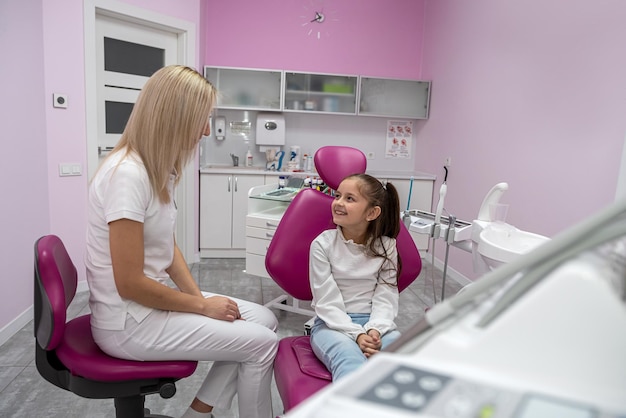 Close-up di una bella ragazzina seduta in un ufficio dentistico per una consultazione