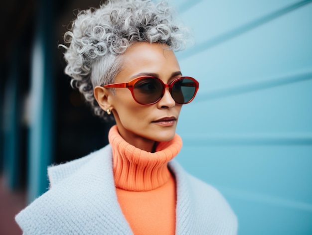 Close-up di una bellissima donna con i capelli grigi