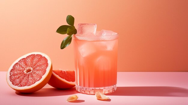 Close-up di una bevanda con pompelmo su sfondo rosa Cocktail day party e concetto di celebrazione