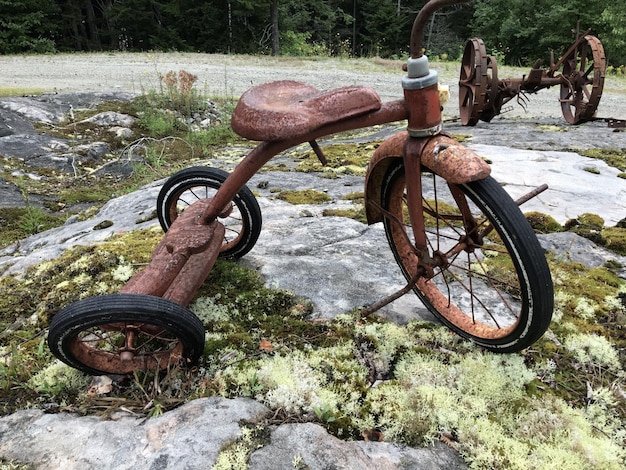 Close-up di una bicicletta abbandonata sul campo