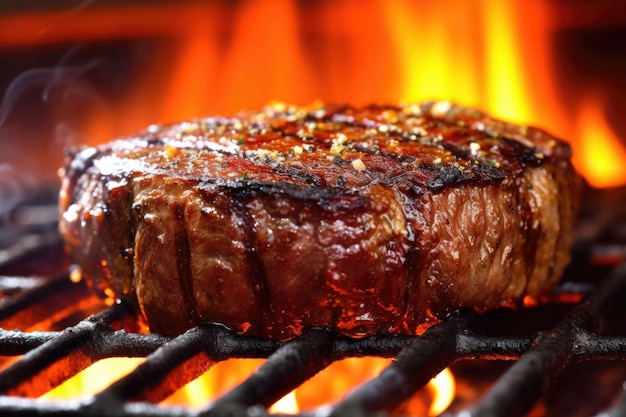 Close-up di una bistecca che brucia su una griglia BBQ calda creata con AI generativa