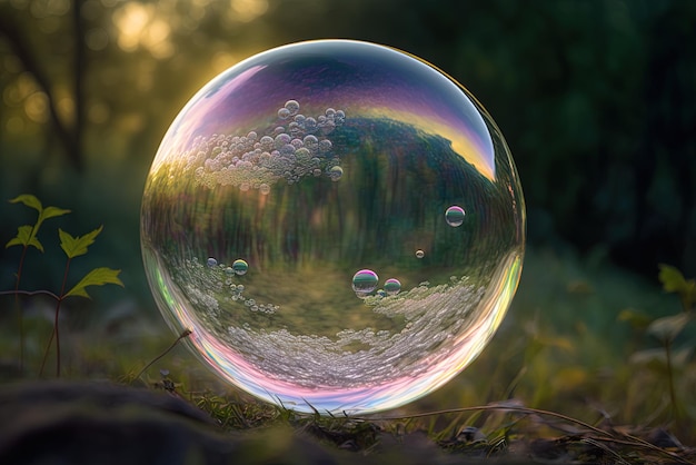 Close-up di una bolla di sapone che galleggia davanti a un paesaggio nebbioso