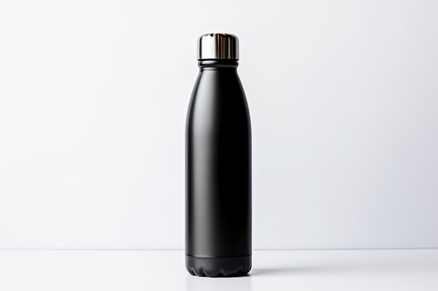 Close-up di una bottiglia d'acqua termica in acciaio riutilizzabile nera opaca isolata su sfondo bianco Zero rifiuti