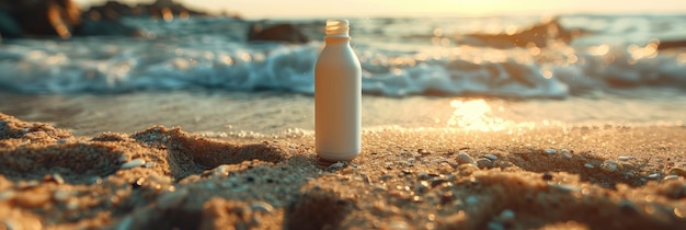 Close-up di una bottiglia di crema solare che si trova nelle vicinanze sulla sabbia Ai generative