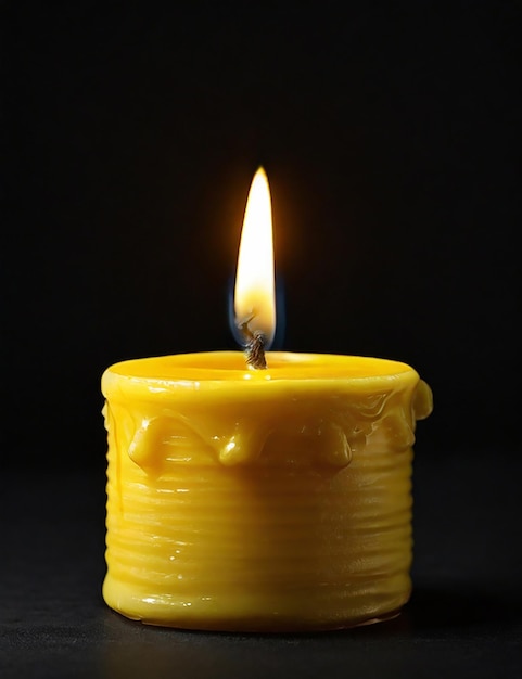 Close-up di una candela gialla accesa su uno sfondo nero