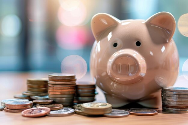 Close-up di una cassetta di ceramica con una collezione di monete impilate che simboleggiano il risparmio, l'investimento e la pianificazione finanziaria