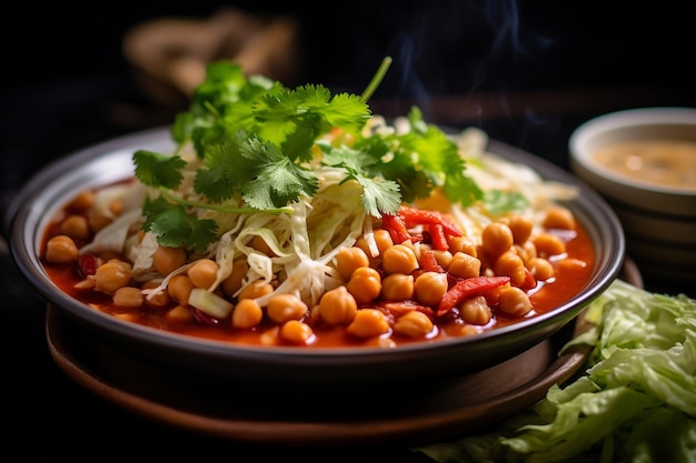 Close-up di una ciotola di pozole messicano guarnito con cavolo tritato