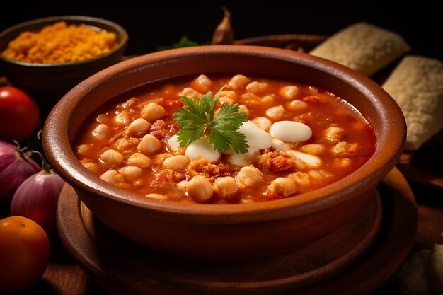 Close-up di una ciotola di tradizionale mexicano menudo rojo con hominy