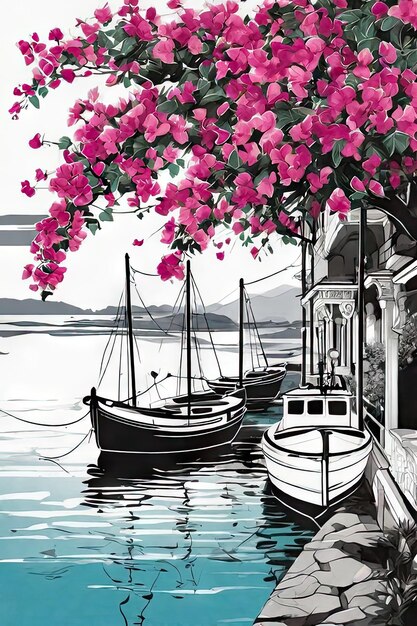 Close-up di una città balneare sole d'estate luminoso piccole barche ancorate fiori luminosi