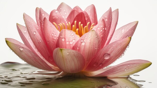 Close up di una delicata ninfila rosa con gocce d'acqua sui petali che riflettono serenità e bellezza naturale su sfondo bianco