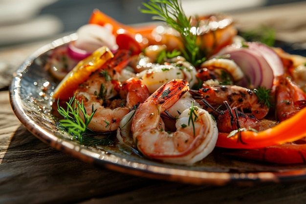 Close-up di una deliziosa insalata con frutti di mare e verdure in una ciotola sul tavolo