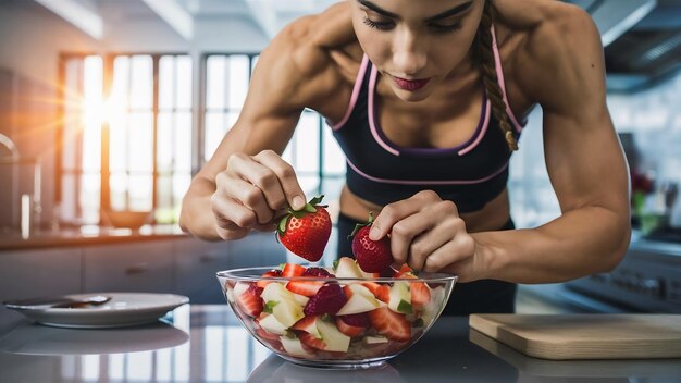 Close-up di una donna atletica che aggiunge fragole mentre prepara l'insalata di frutta in cucina