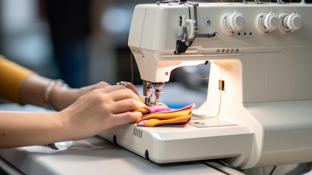 Close-up di una donna che cuce dettagli su una macchina da cucire industriale