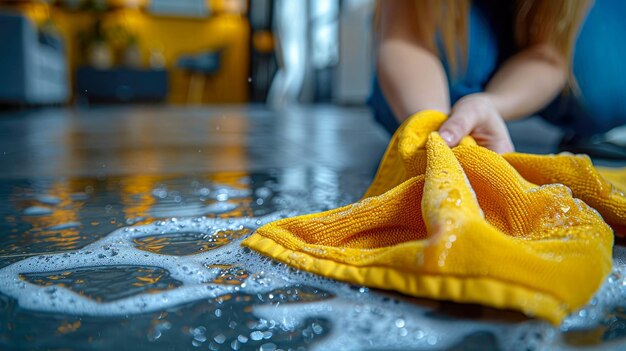 Close up di una donna che pulisce il pavimento con un panno in microfibra in cucina