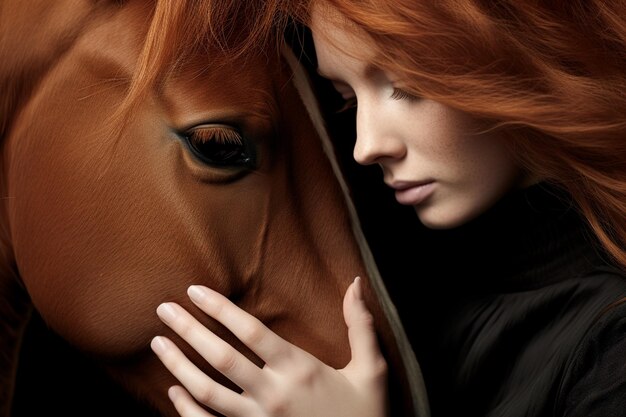 Close-up di una donna che si cura del suo bellissimo cavallo castagno