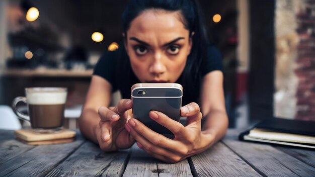 Close-up di una donna che tiene e usa uno smartphone al tavolo